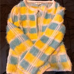 yellow and blue striped fuzzy sweater